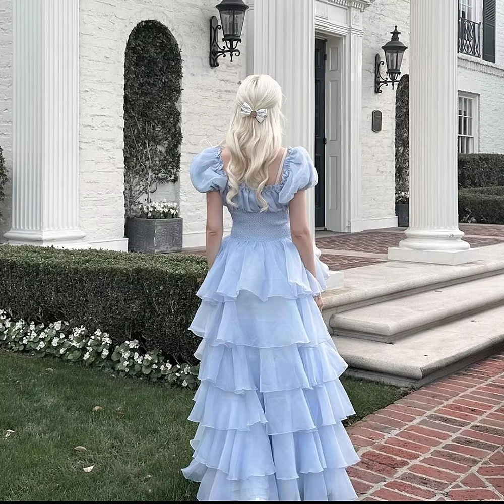 Sky Blue Tiered Skirt Prom Dress Puff Short Sleeves Formal Party Evening Gown fg7259 - View 9 | VelvetHem