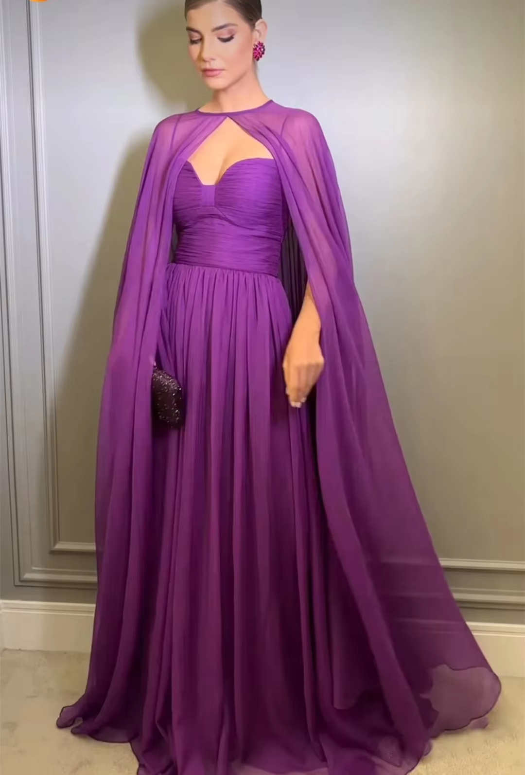 Elegant Purple Chiffon Long Evening Dress with Cape A-Line Pleated Floor Length Formal Prom Gown fg7269 - View 6 | VelvetHem