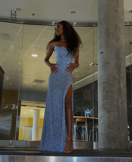 Sparkly Blue Sequins Sheath Evening Party Dress Long Prom Dress fg7400 - View 4 | VelvetHem