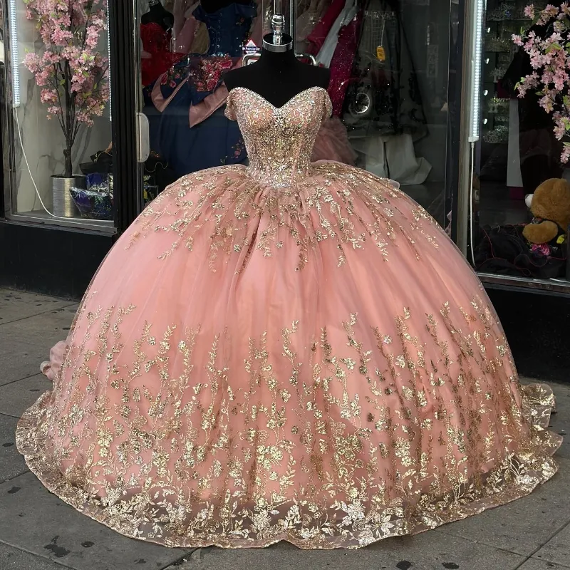 Pink Princess Quinceanera Dress with Off Shoulder Ball Gown fg6820 - VelvetHem