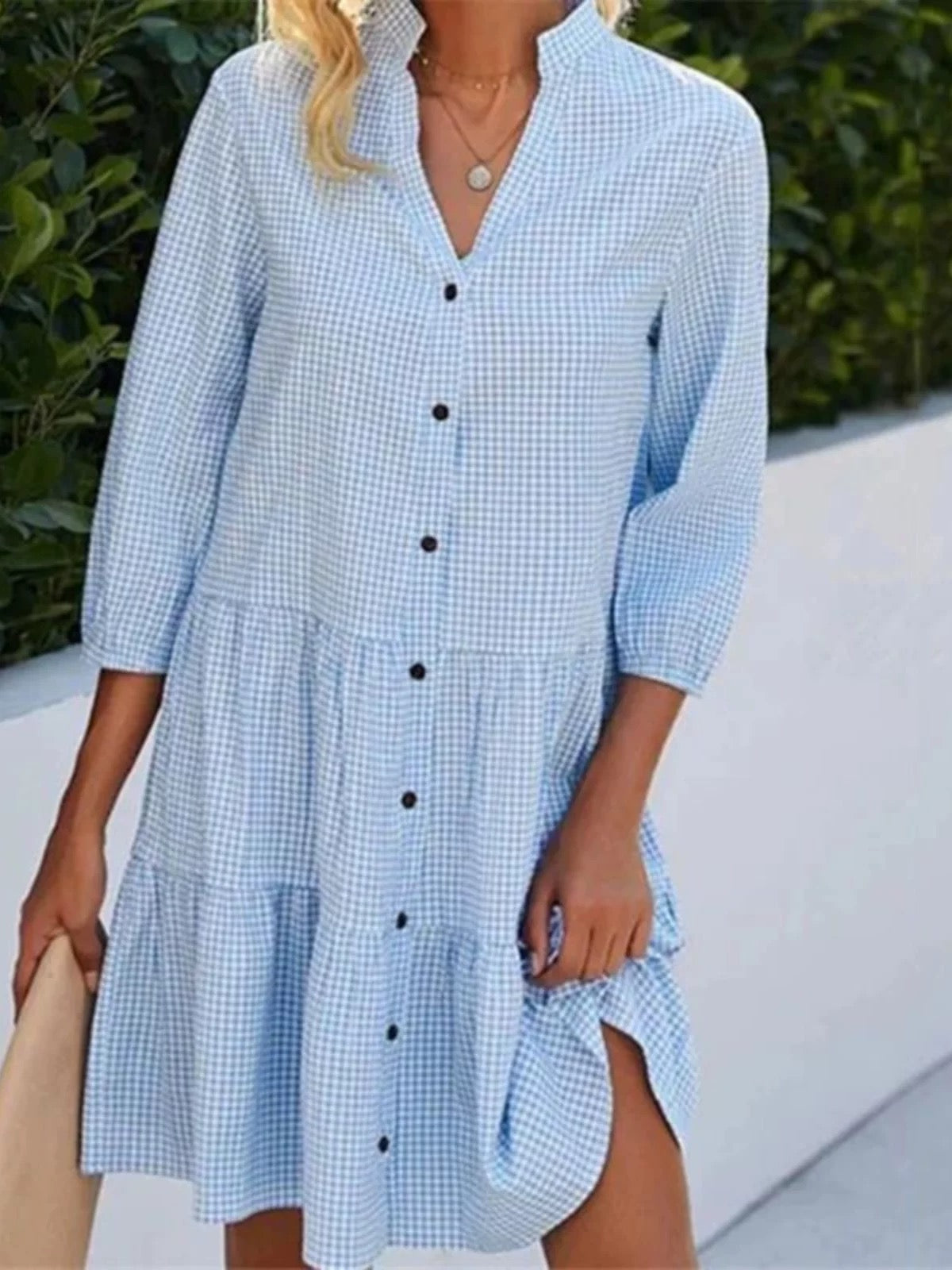 Loose Blue Gingham Button-Front Summer Dress