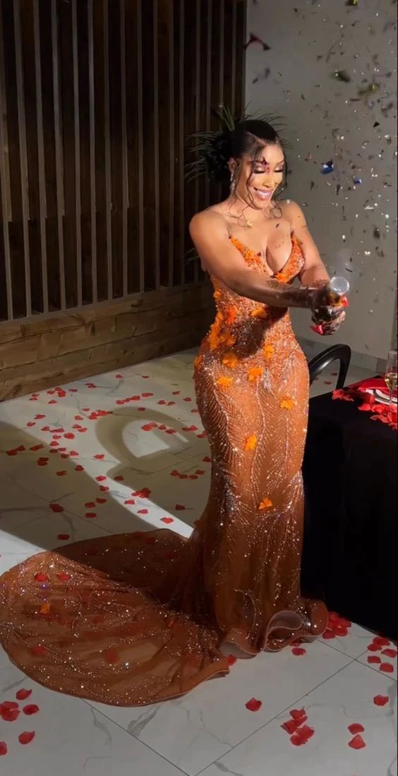 Gorgeous Orange Beaded Applique Mermaid Evening Dress Long Prom Dress fg6981 - VelvetHem
