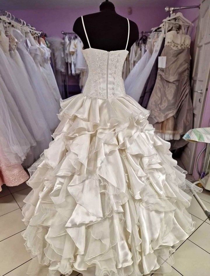 A Line Long Satin Lace Wedding Dress Spaghetti Straps Bridal Gown fg7229 - View 4 | VelvetHem