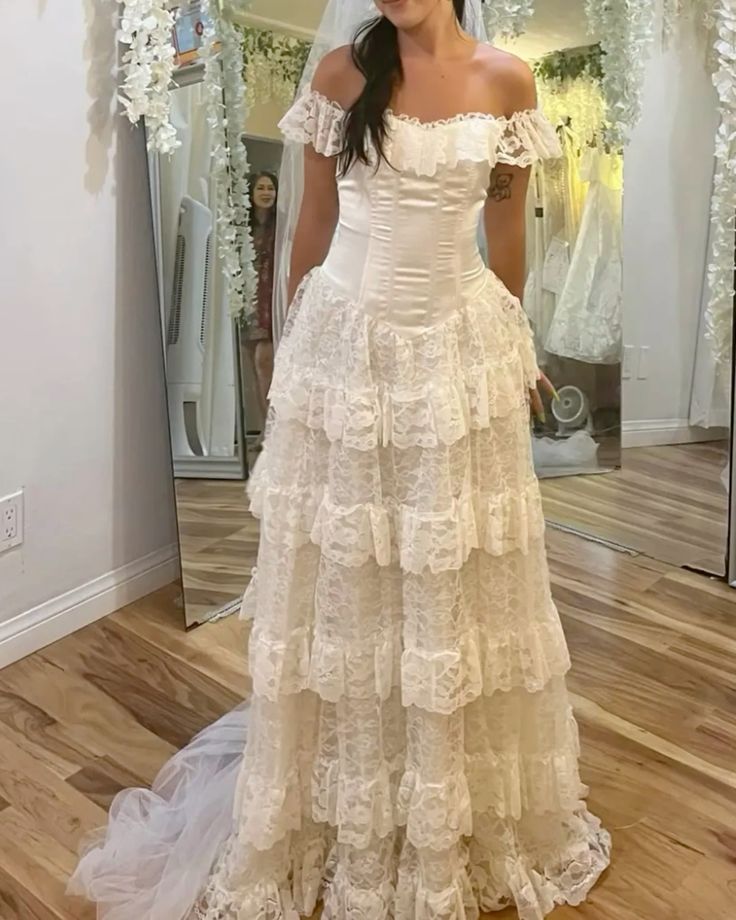 Wedding Dress Off The Shoulder A Line Lace Long Layered Formal Dresses fg7127 - View 2 | VelvetHem