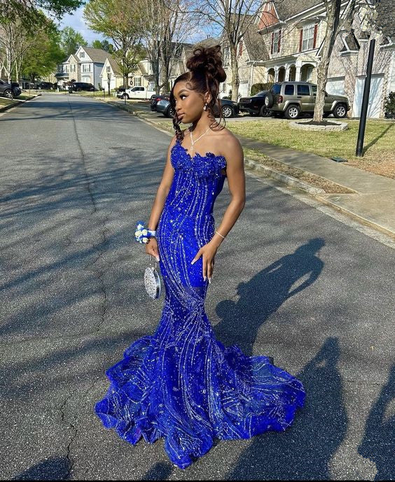Women's Mermaid Prom Dress, Sweetheart Sequin Royal Blue Birthday Party Dress fg6762 - VelvetHem