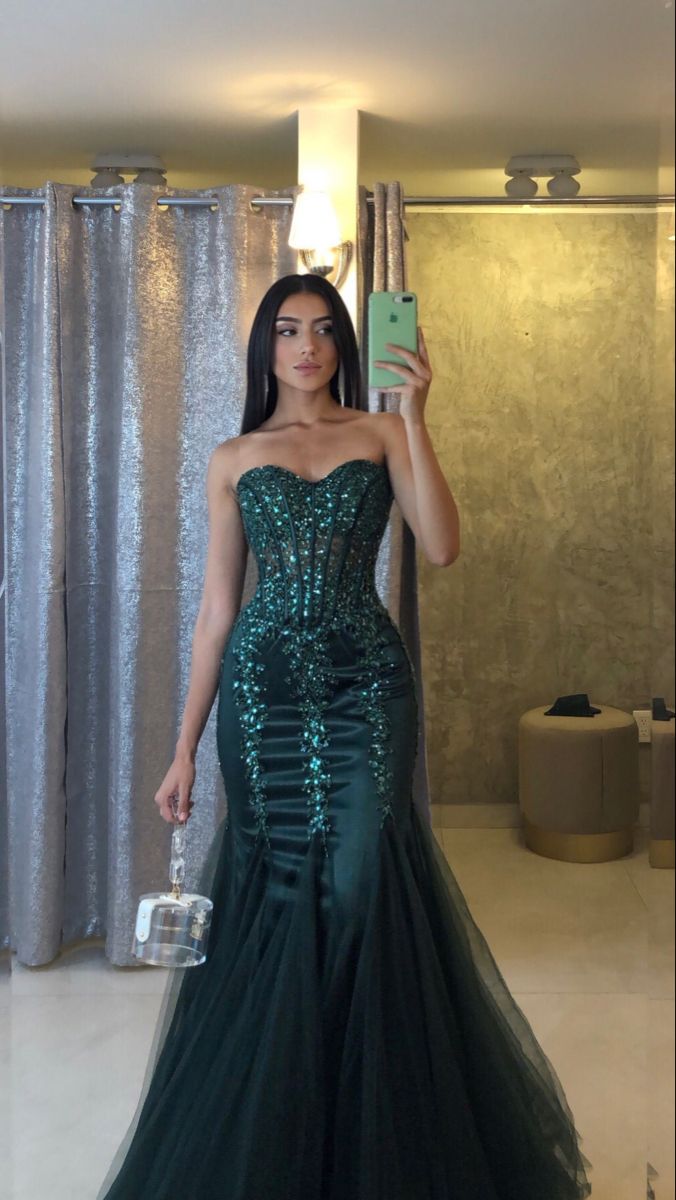 Dark Green Sweetheart Mermad Tulle Sequins Long Prom Dress fg6995 - VelvetHem