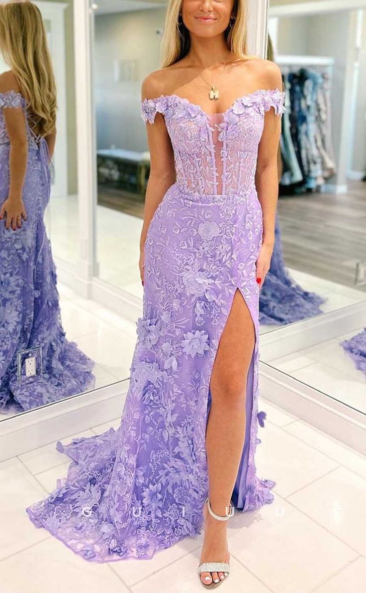 Off The Shoulder Floral Lace Long Prom Dress With Split fg6976 - View 2 | VelvetHem