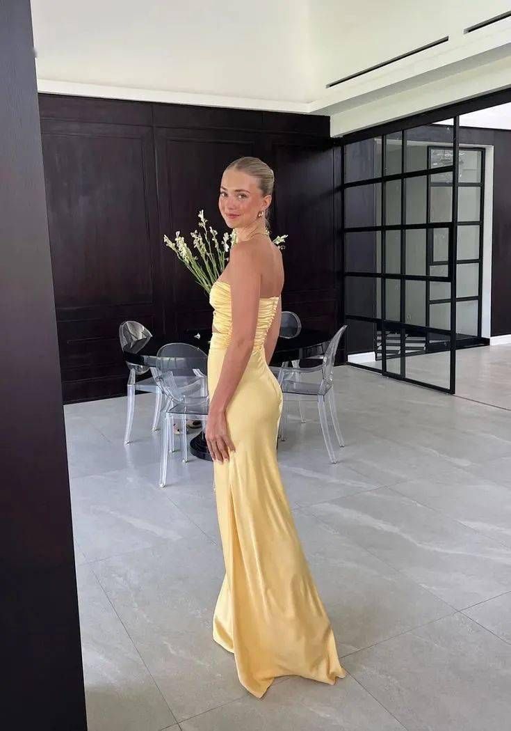 Mermaid Yellow Satin Evening Party Dress Long Prom Dress fg7168 - View 2 | VelvetHem