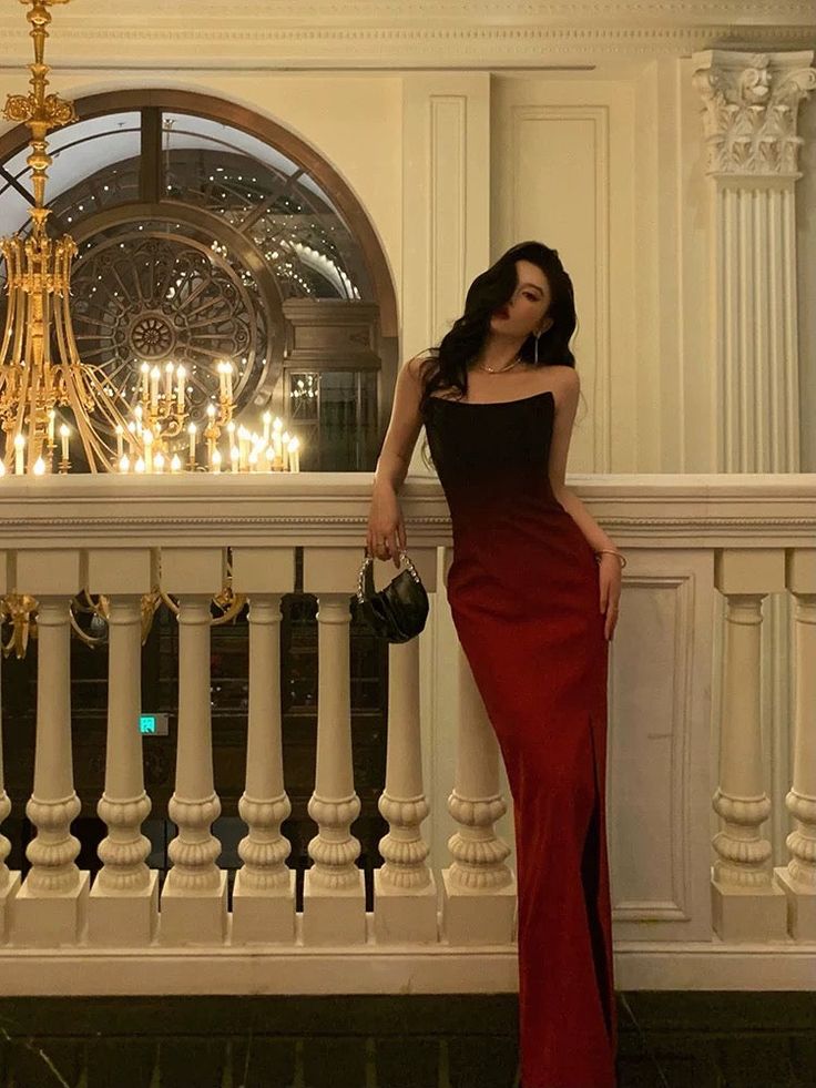 Sexy Mermaid Strapless Ombre Burgundy Satin Slit Long Prom Dresses Birthday Outfits fg7027 - View 2 | VelvetHem