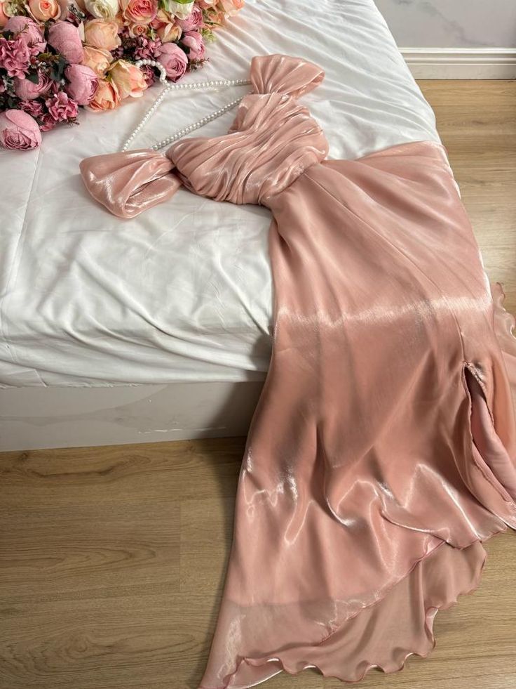 Modest A Line Strapless Silk Satin Long Pink Prom Dress Evening Gown fg6358 - View 3 | VelvetHem