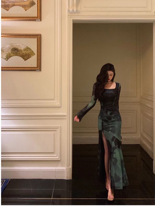 Chic Sheath Square Neckline Long Sleeves Green Long Prom Dresses Birthday Dress fg7033 - VelvetHem
