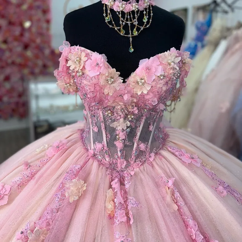 Quinceanera Ball Gown Pink Lace Applique 3D Floral Flower Off Shoulder Sweet 16 Dress fg6738 - View 2 | VelvetHem