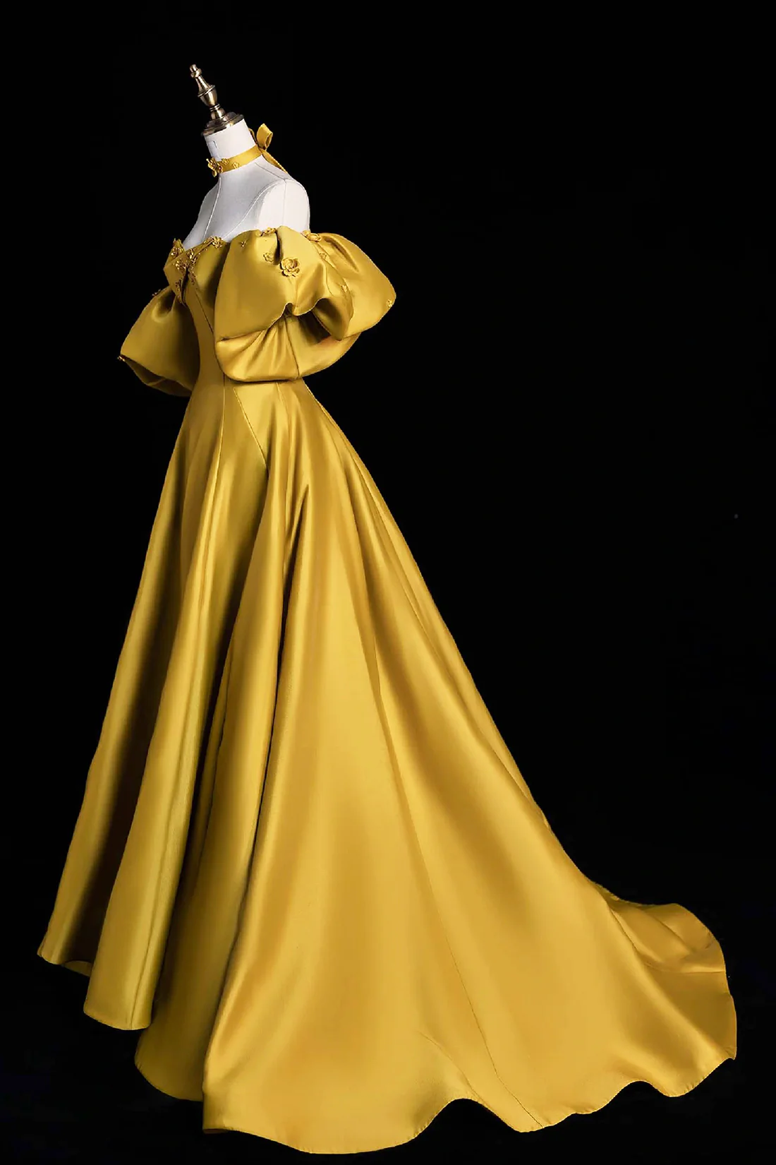 Yellow Satin Lace Long Prom Dress, Beautiful A-Line Off the Shoulder Evening Party Dress fg6755 - View 3 | VelvetHem