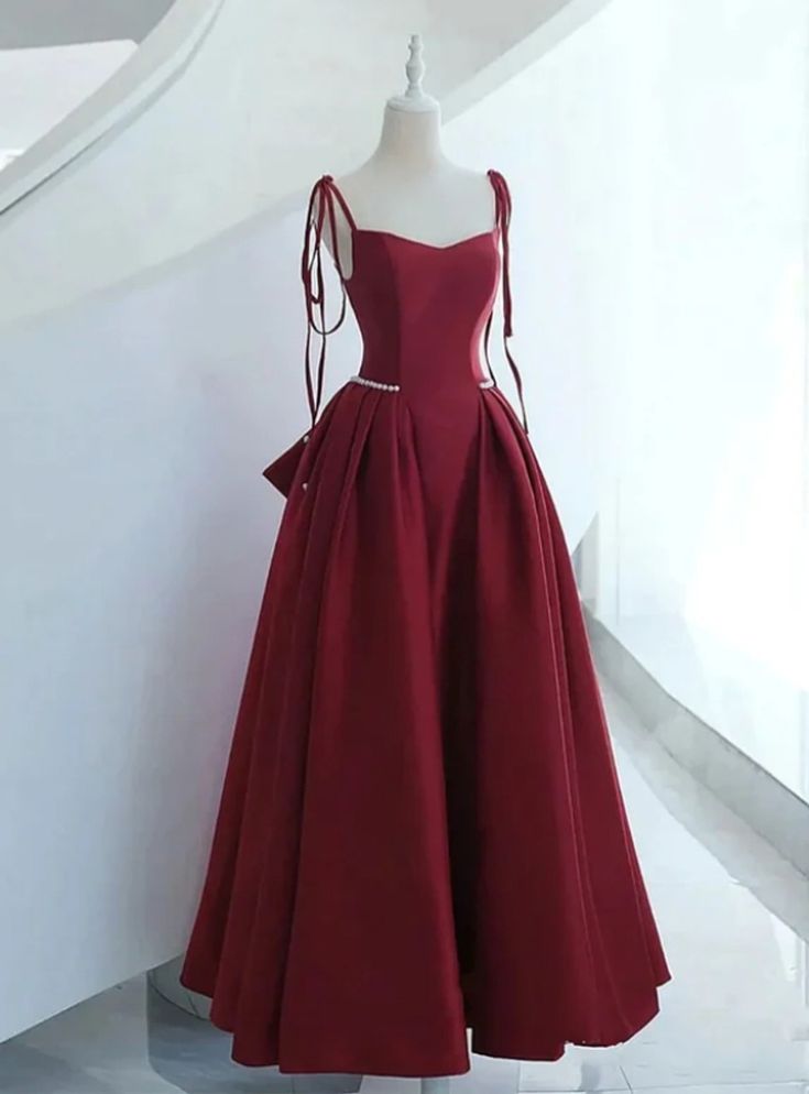 Wine Red Satin Long Formal Dress, Lace-up Fashion Straps Junior Prom Dress fg6979 - VelvetHem