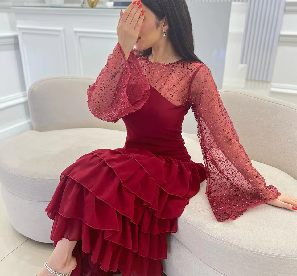 Women's Ankle Length Sequin Dress O Neck Tiered Burgundy Evening Dress fg6730 - View 4 | VelvetHem