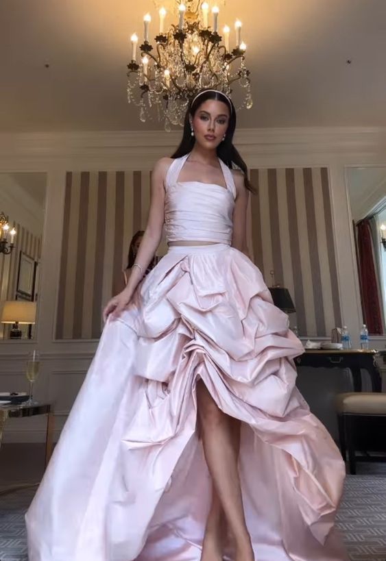 Glamorous Two Pieces Light pink Satin long prom dress fg7128 - View 2 | VelvetHem
