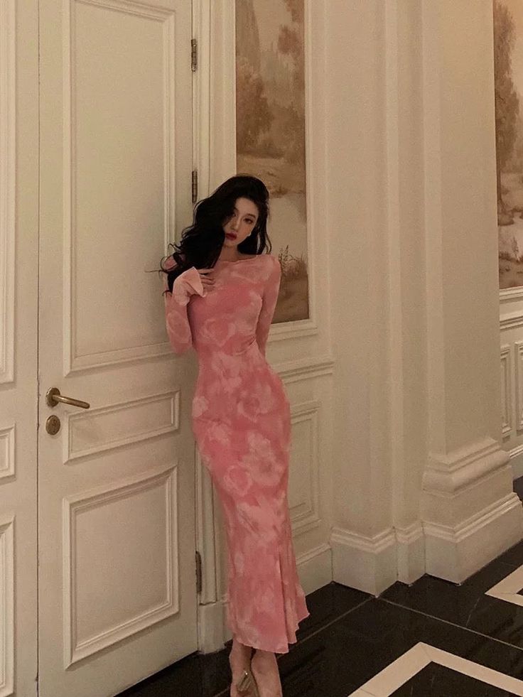 Sexy Sheath Pink Floral Long Sleeves Prom Dresses Birthday Outfits fg7030 - View 5 | VelvetHem
