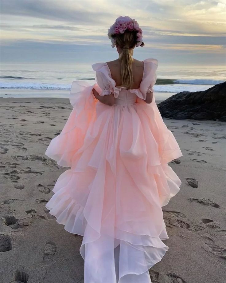 Pink Prom Dresses Short Puff Sleeves Ruffles Prom Party Gowns Princess Formal Dresses fg7218 - View 2 | VelvetHem