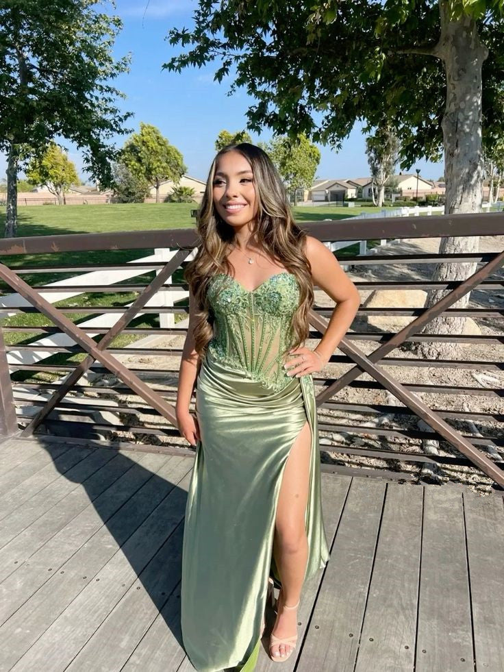 Spaghetti Straps Appliques Satin High Slit Party Prom Formal Evening Dress fg6988 - VelvetHem
