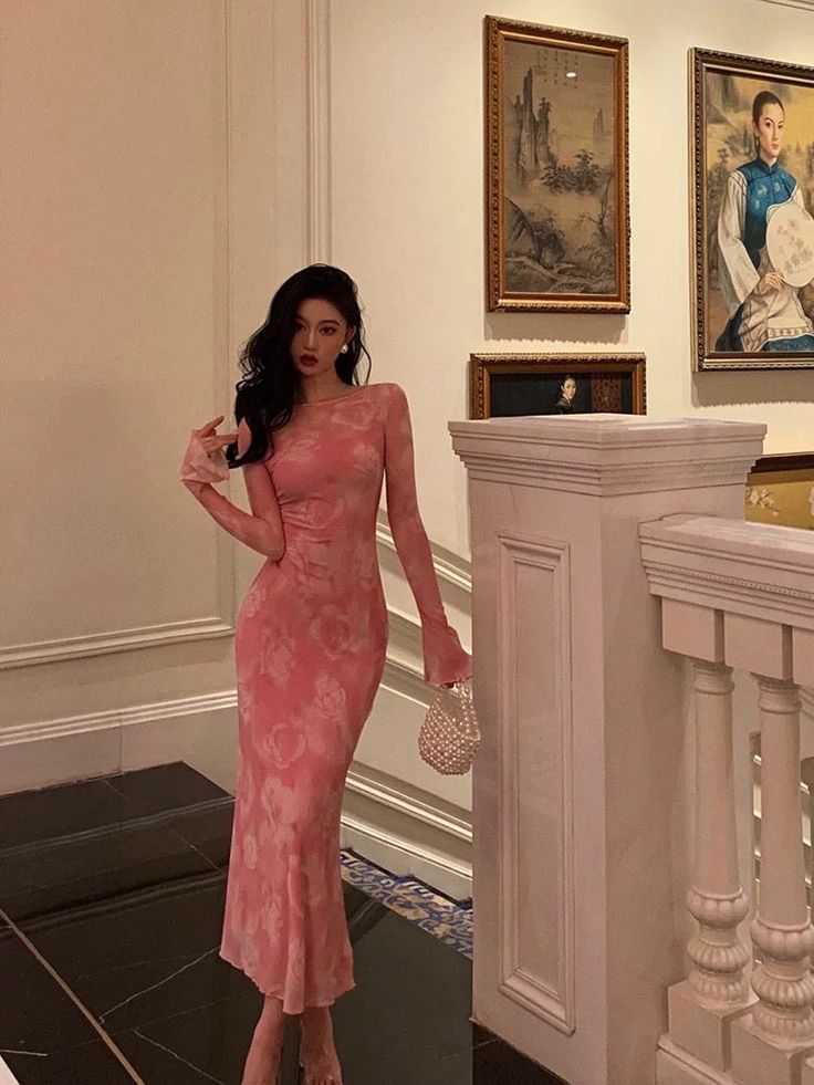 Sexy Sheath Pink Floral Long Sleeves Prom Dresses Birthday Outfits fg7030 - View 4 | VelvetHem