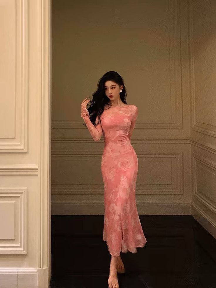 Sexy Sheath Pink Floral Long Sleeves Prom Dresses Birthday Outfits fg7030 - View 3 | VelvetHem