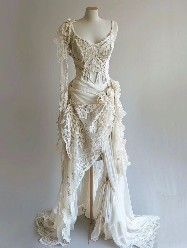 Vintage Unique Long Lace Prom Dress Wedding Dress Bridal Gown fg7209 - VelvetHem
