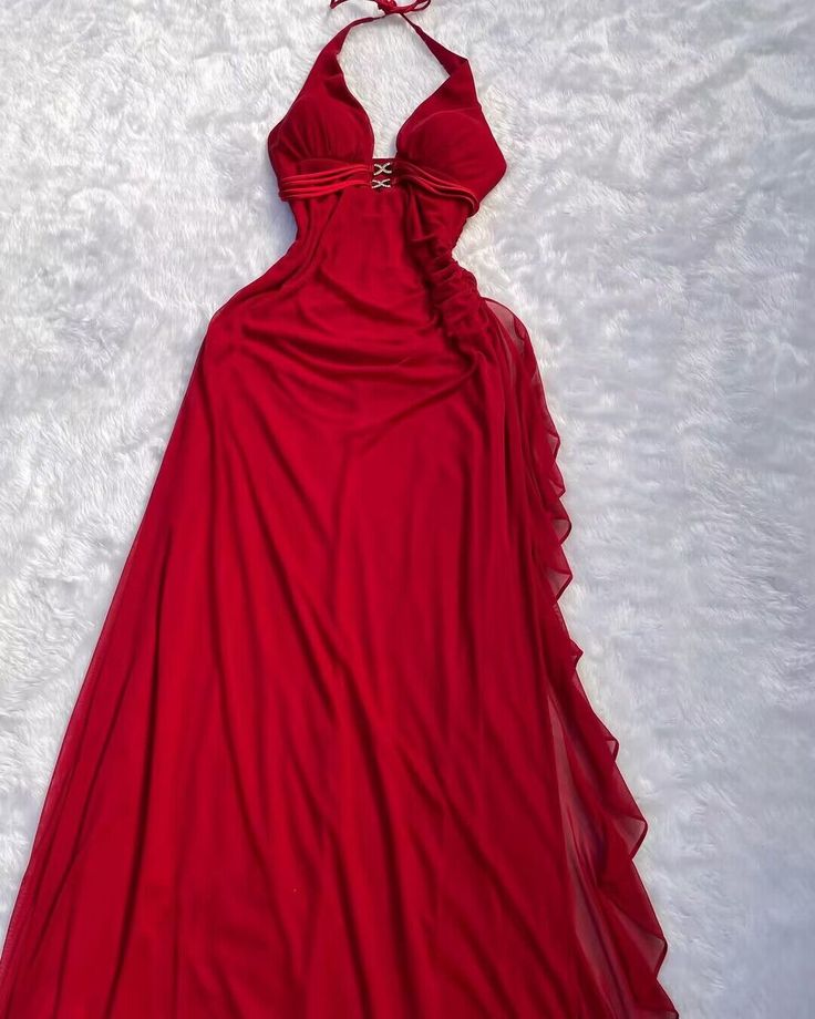 Halter Red A Line Long Prom Dresses Ruffled Evening Dresses fg7108 - VelvetHem