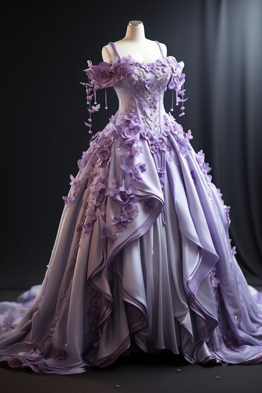 Ball Gown Straps Lilac Satin Floral Sweet 16 Dresses Evening Dress fg7193 - View 2 | VelvetHem