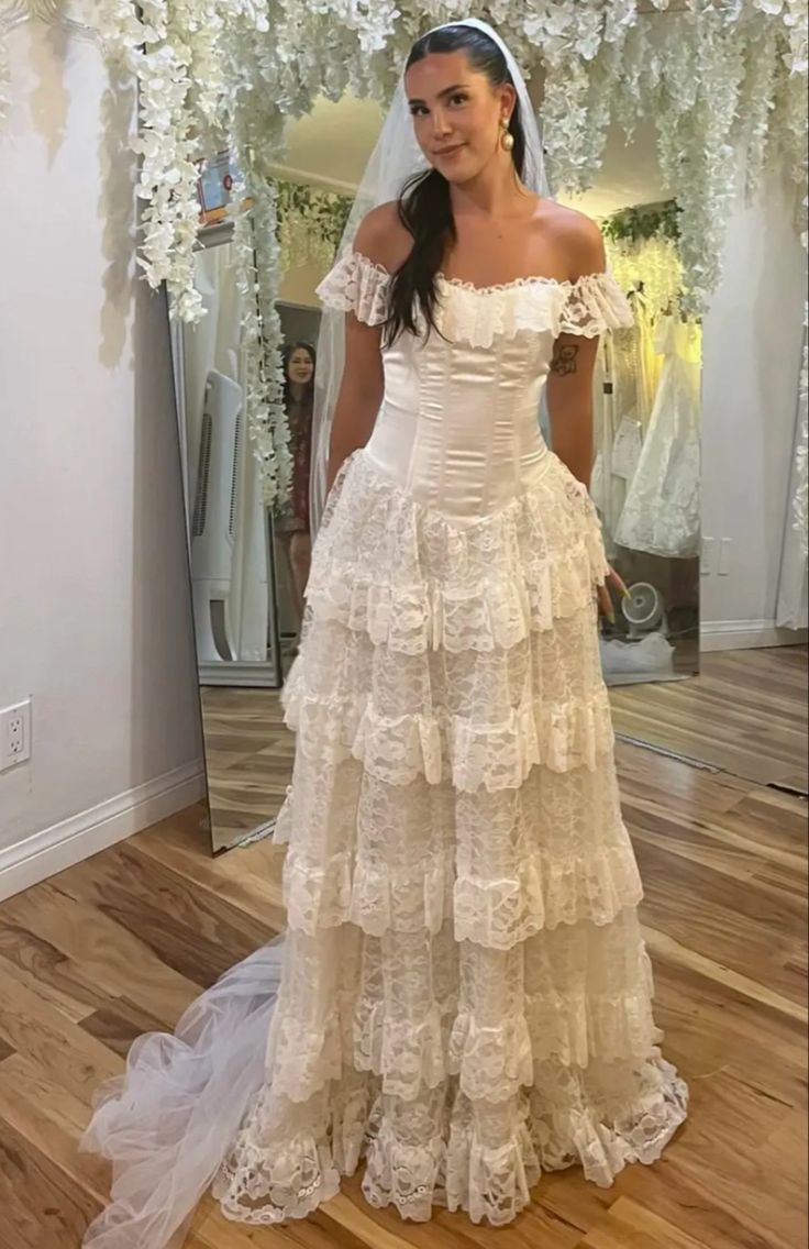 Wedding Dress Off The Shoulder A Line Lace Long Layered Formal Dresses fg7127 - VelvetHem