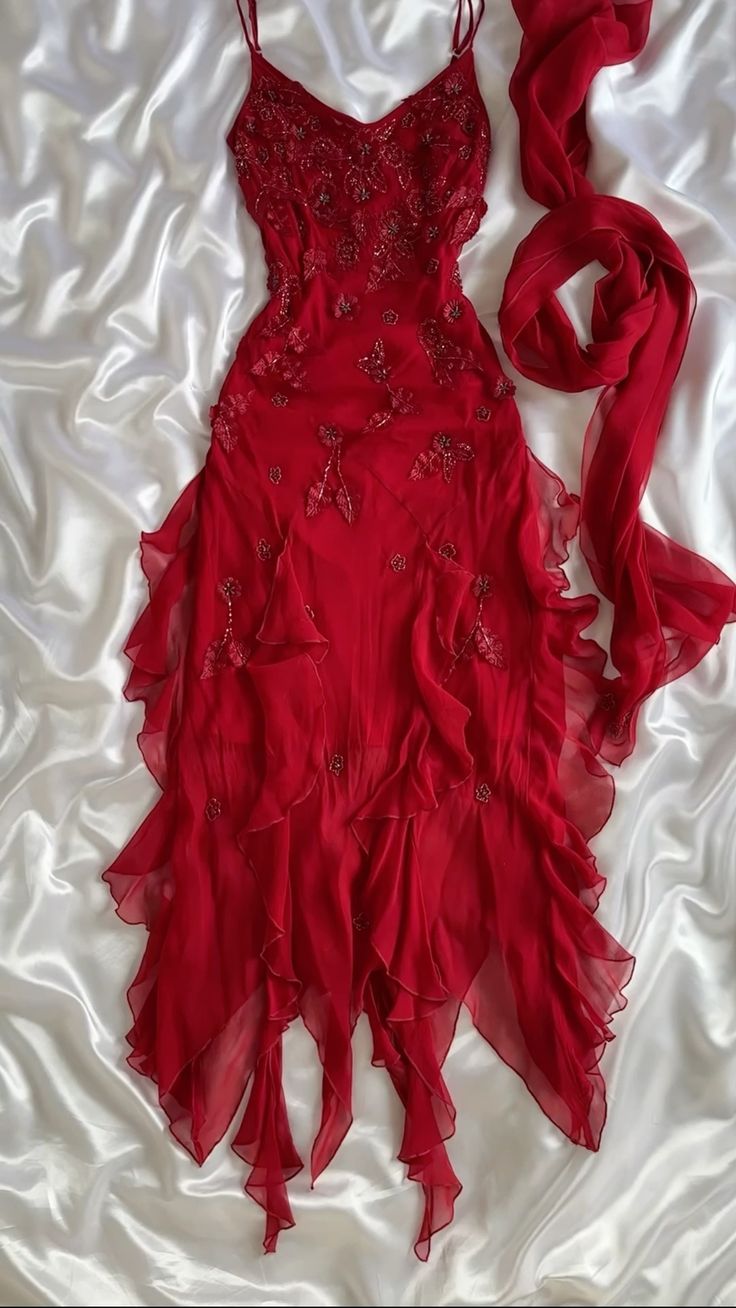 Spaghetti Straps Chiffon Ruffles Beading Red Prom Dress Red Evening Dress fg7111 - View 2 | VelvetHem