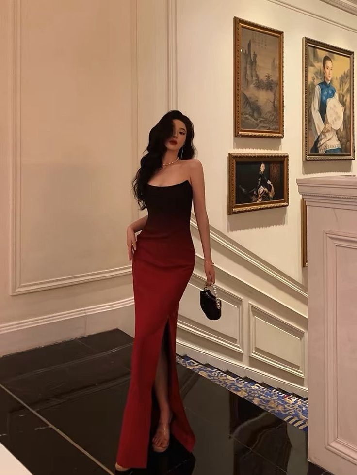 Sexy Mermaid Strapless Ombre Burgundy Satin Slit Long Prom Dresses Birthday Outfits fg7027 - VelvetHem