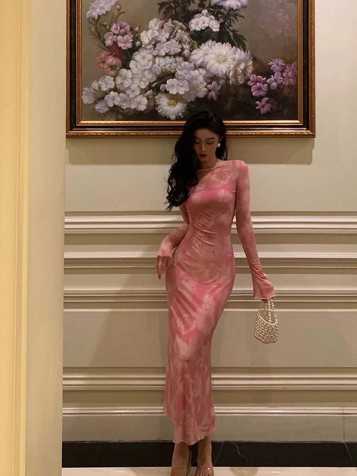 Sexy Sheath Pink Floral Long Sleeves Prom Dresses Birthday Outfits fg7030 - VelvetHem