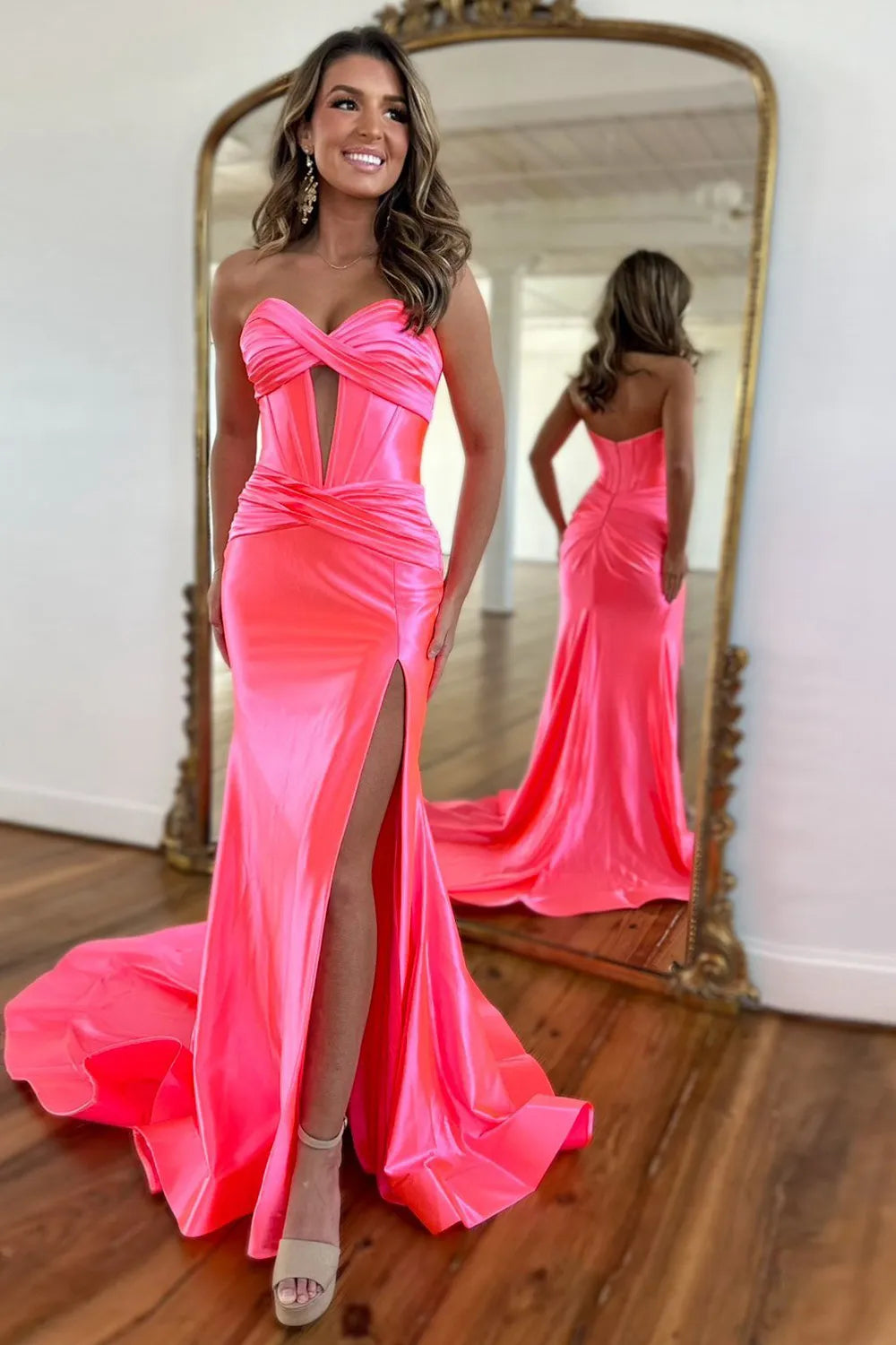 Satin Mermaid Strapless Long Prom Dress With Split - View 11 | VelvetHem