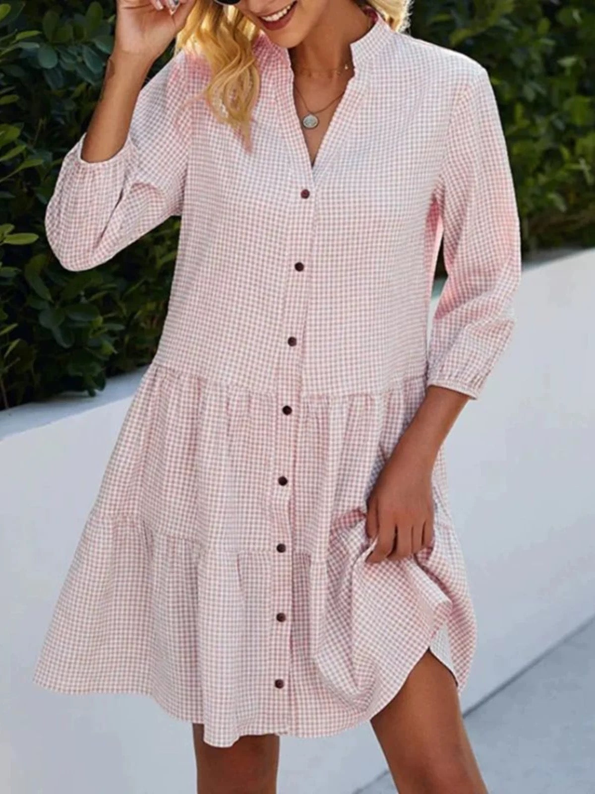 Loose Blue Gingham Button-Front Summer Dress