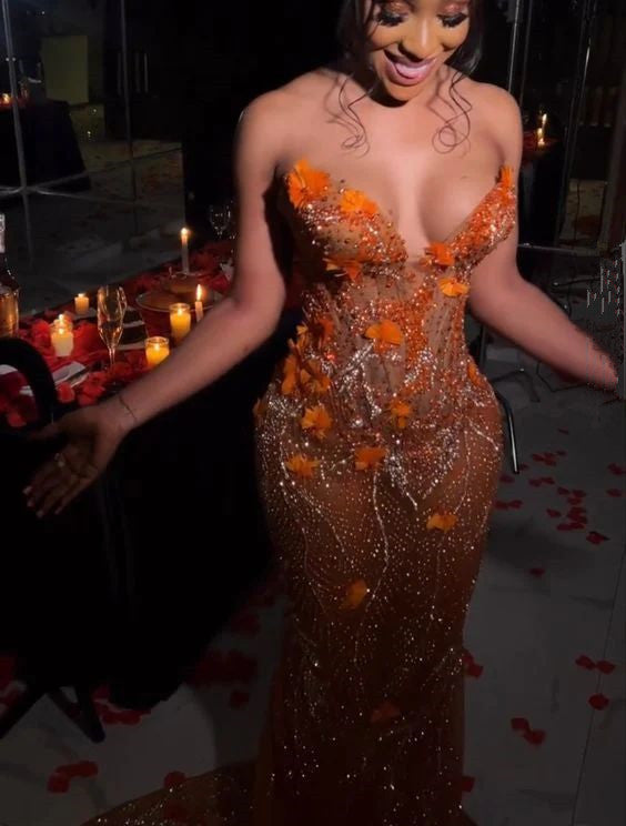 Gorgeous Orange Beaded Applique Mermaid Evening Dress Long Prom Dress fg6981 - View 4 | VelvetHem