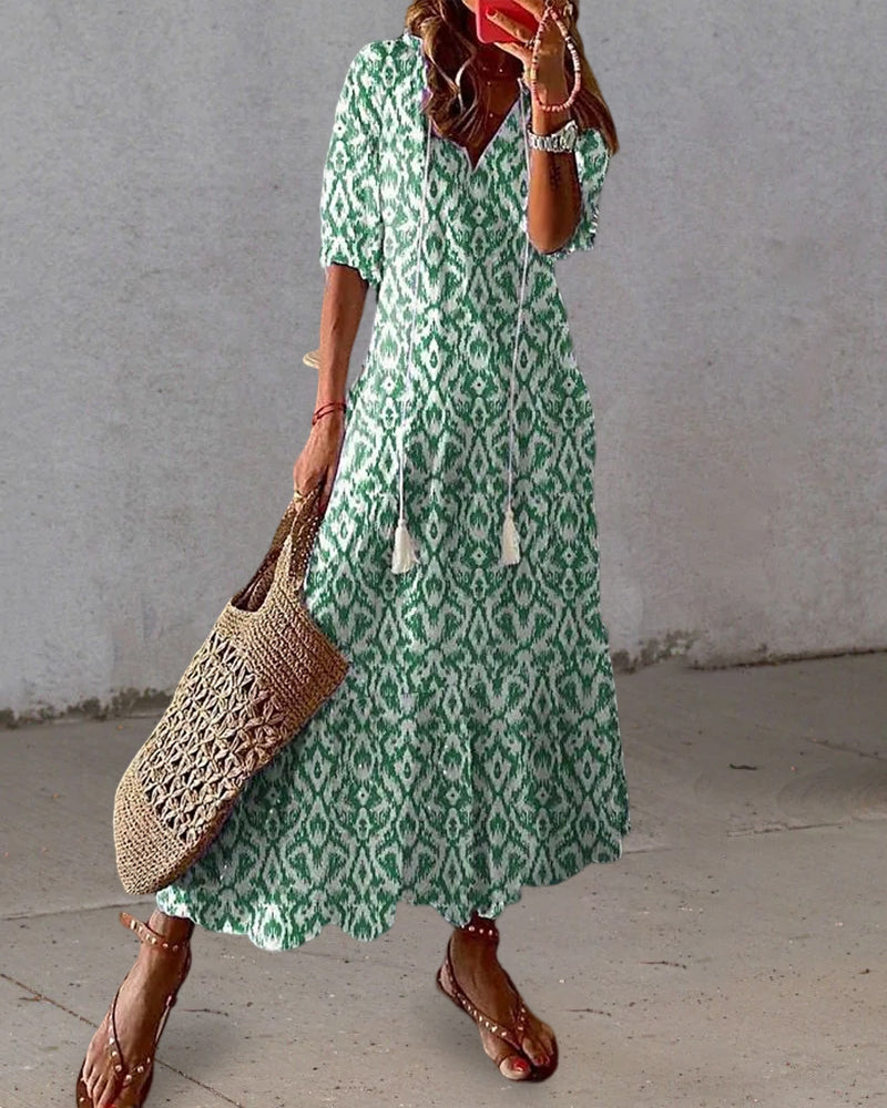 Ursula Statement Printed Long Dress with V Neck and Half Sleeves Evening Wear Edit