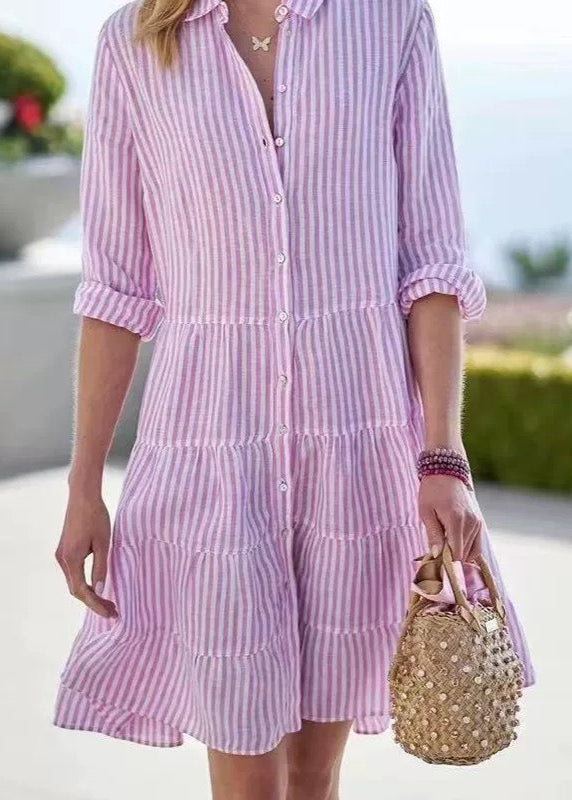Casual Women Blue Striped Midi Shirt Dress Long Sleeve - Omychic