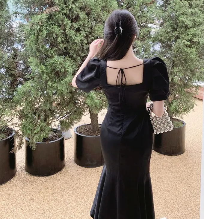 Puff-Sleeve Square-Neck Mermaid Dress,Vintage Black Prom Dress fg6494 - View 2 | VelvetHem