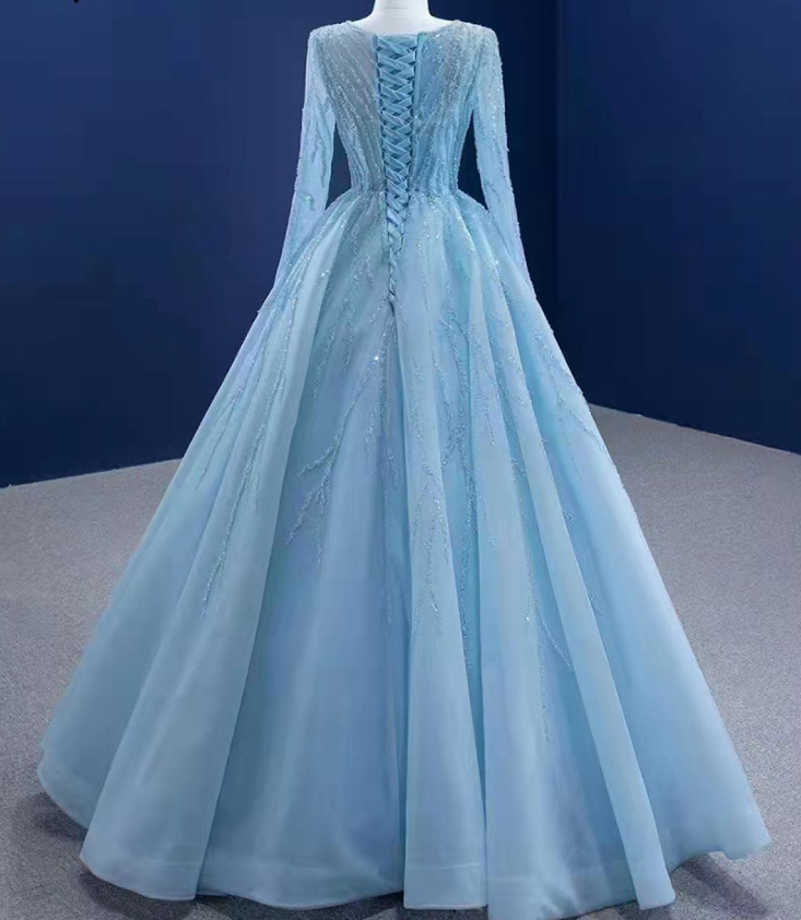 Tulle A Line Elegant Light Blue Evening Dress New O Neck Sequined Lace Formal Prom Gowns fg6464 - View 2 | VelvetHem