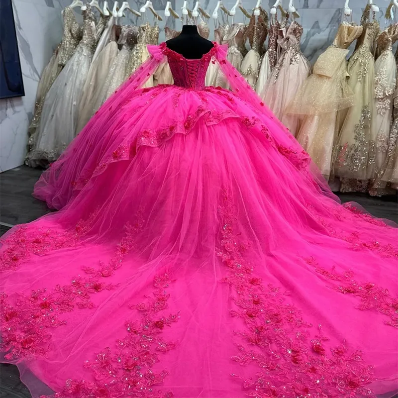 Quincea�era Off-Shoulder Lace Appliques Tulle Ball Gown Dress with Cape for Sweet 16 Birthday fg6296 - View 2 | VelvetHem