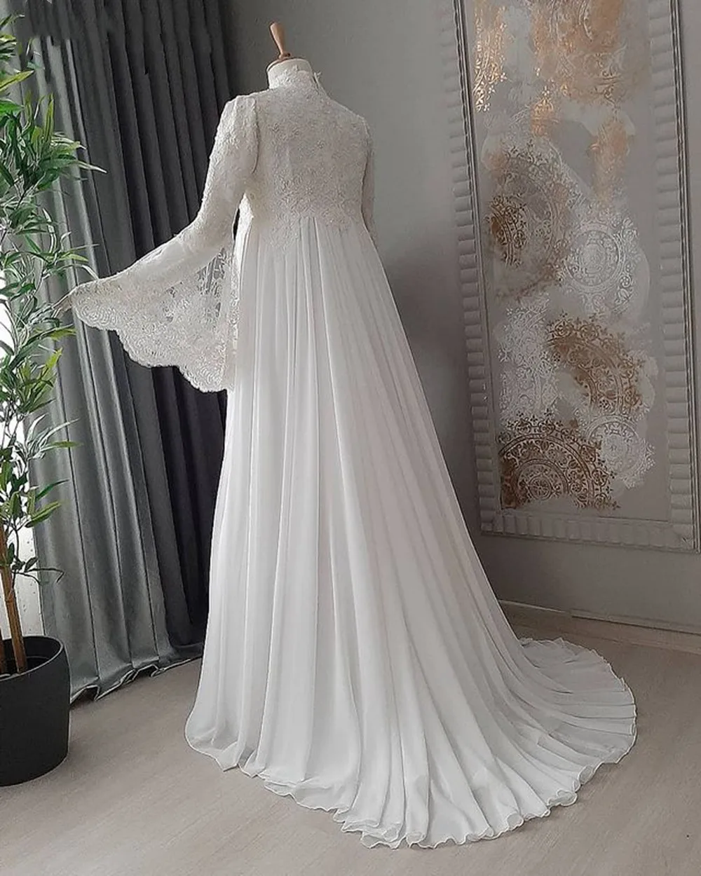 Elegant ivory flare sleeve lace wedding dress fg6386 - View 2 | VelvetHem