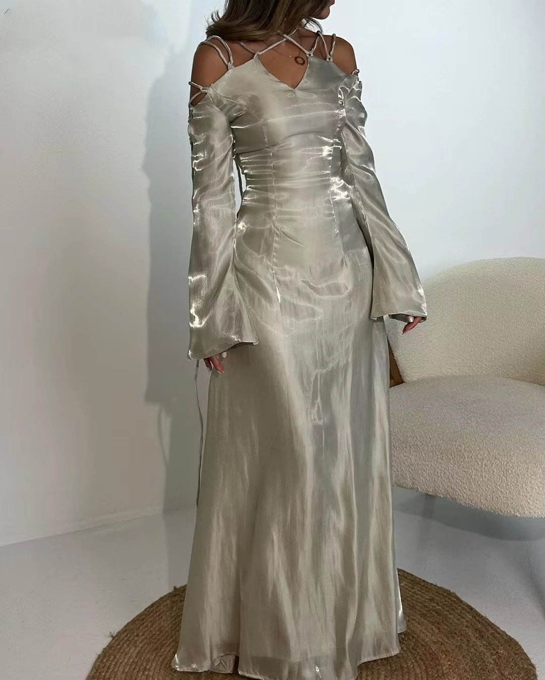 Silver Grey Prom Dress, Modern Girl Lace Up Flare Sleeves V Neck Elegant Evening Dress fg6554 - VelvetHem