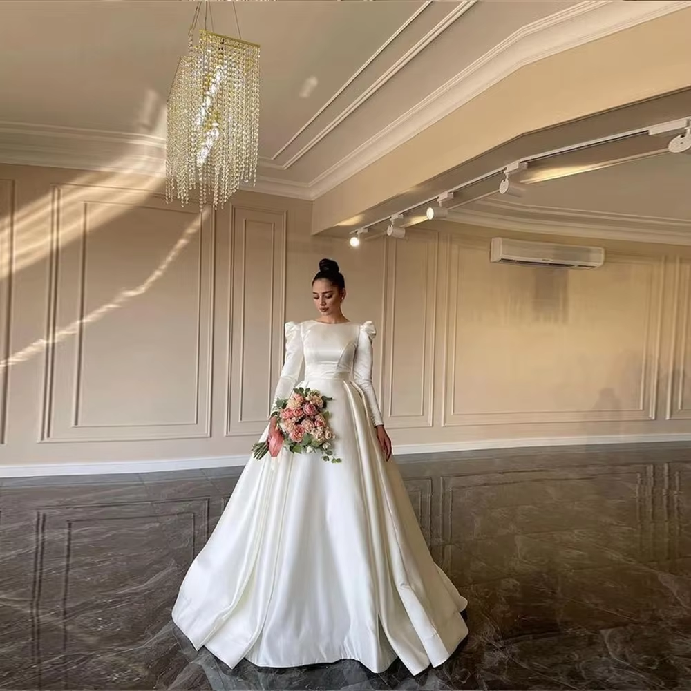 Simple wedding dress with sleeves, satin ball gown fg6430 - View 2 | VelvetHem