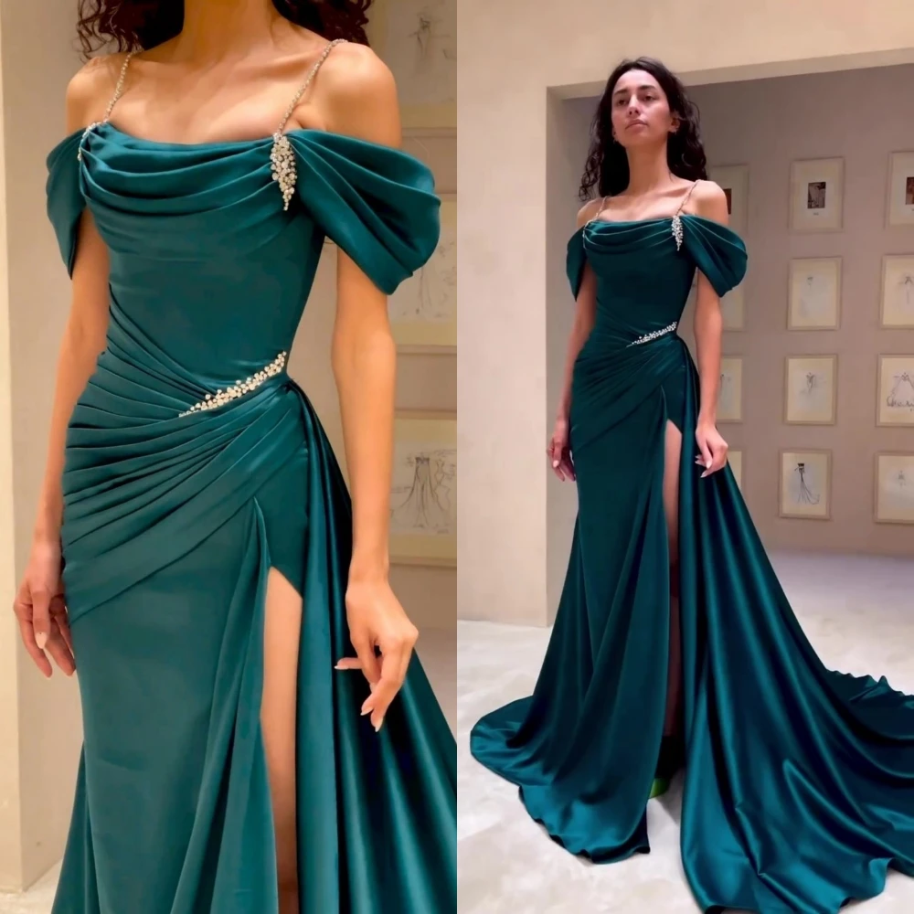 High Quality Off The Shoulder Dark Green Satin Prom Dresses Beaded Evening Gown fg6209 - View 3 | VelvetHem