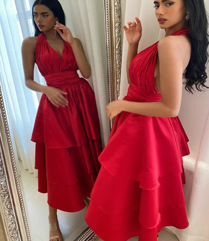 Elegant Short Satin Halter Evening Dresses Muslim Backless A-Line Red Dress Formal Dress Pleated Tea Length Gowns fg6308 - View 3 | VelvetHem