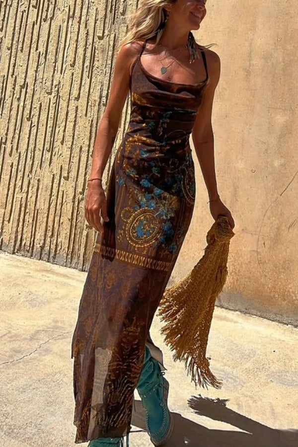 Griselda Exclusive Midi Dress with a Unique Gypsy Style Print, Cowl Neckline At the Back, Lace Up Fastening and Slit Evening Wear Edit