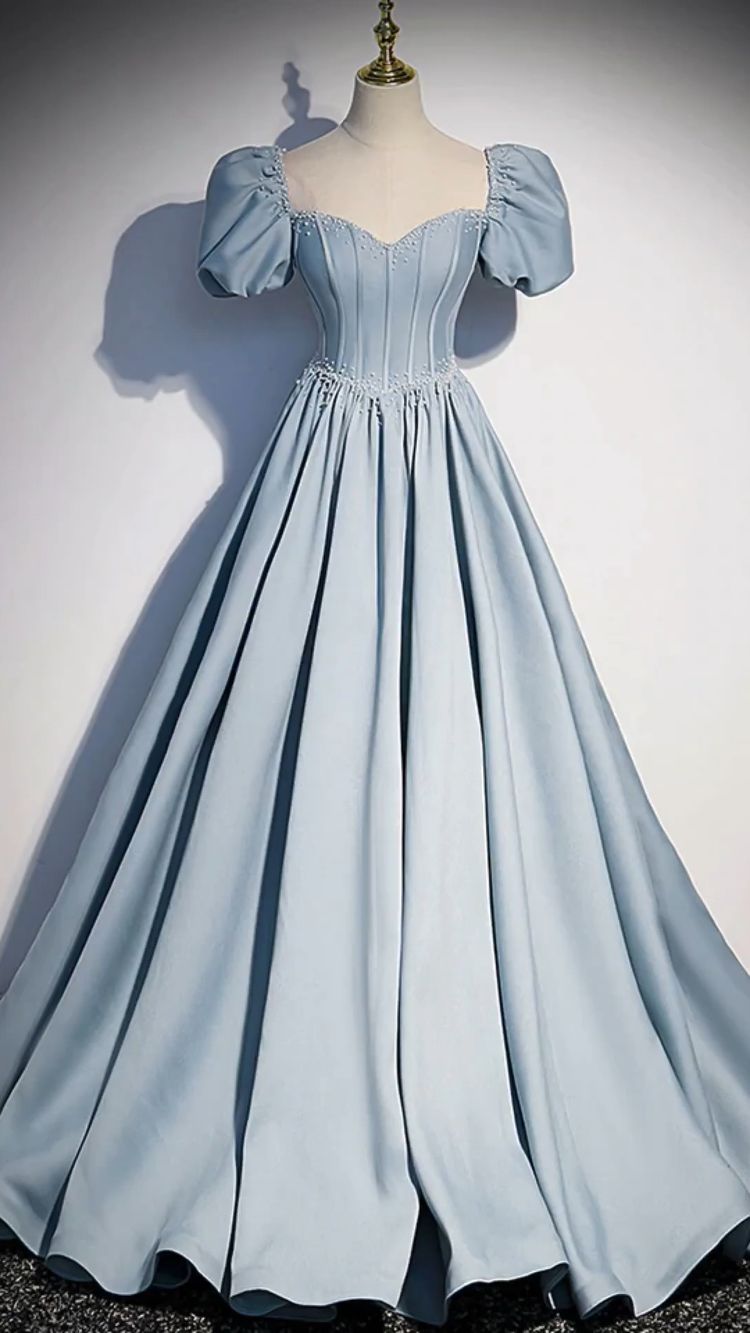 Light Blue Satin Long Prom Dress Short Sleeves Birthday Dress Princess Dress