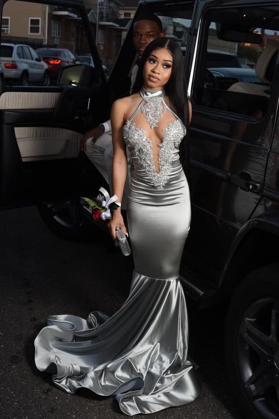 Silver Grey Mermaid Long Prom Dress Sexy Evening Dress Black Girl's Formal Gown - VelvetHem