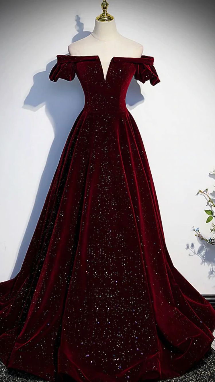 Burgundy Velvet V Neck Long Prom Dress Classy Evening Dress - VelvetHem