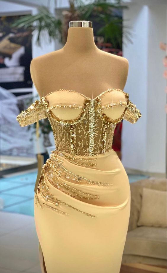 Gold Mermaid Long Prom Dress With Waist Pleat Charming Evening Dress - View 2 | VelvetHem